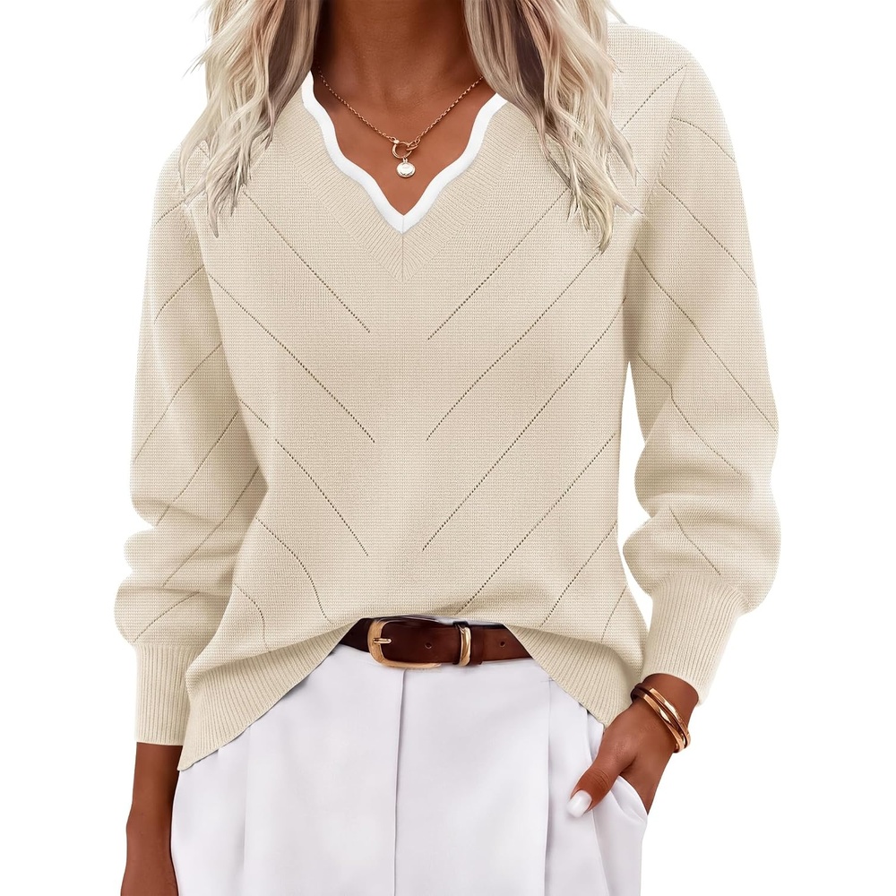 image:imageEkouaer Womens Fall V Neck Sweaters Knit Lightweight Long Sleeve Tops 2026Apricot