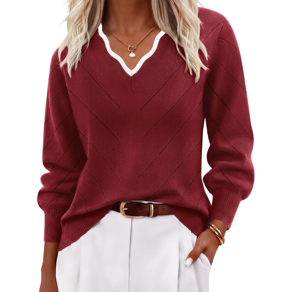 image:imageEkouaer Womens Fall V Neck Sweaters Knit Lightweight Long Sleeve Tops 2026Wine Red