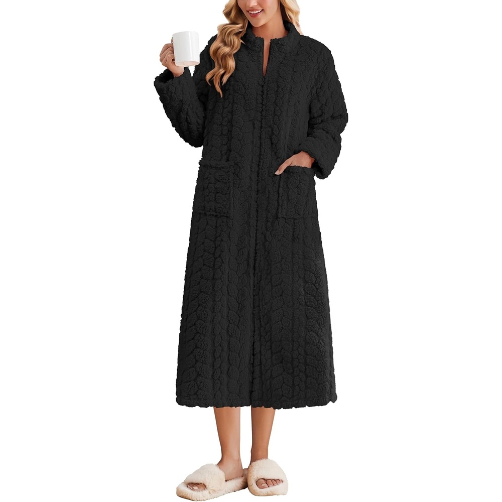 image:imageEkouaer Zipper Robes for Women Long Fleece Warm Housecoat with PocketsBlack