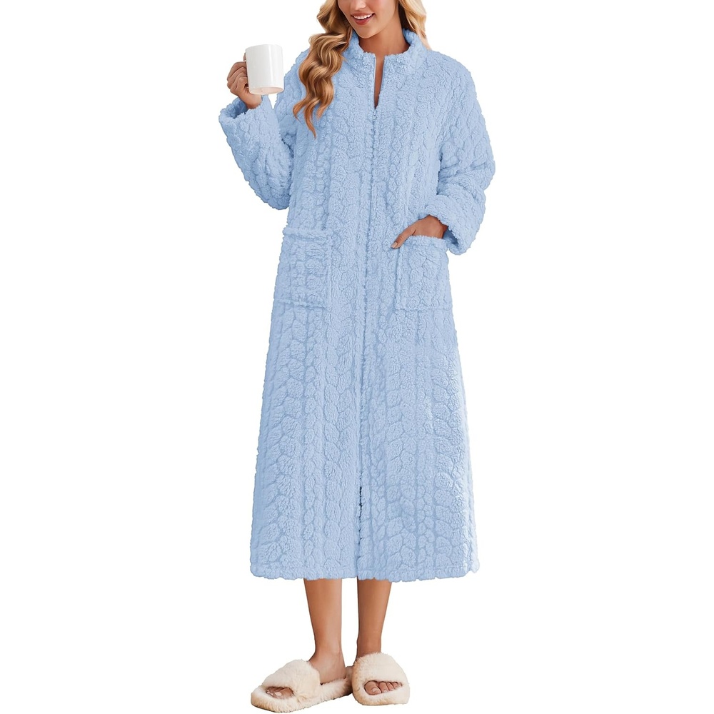 image:imageEkouaer Zipper Robes for Women Long Fleece Warm Housecoat with PocketsIce Blue