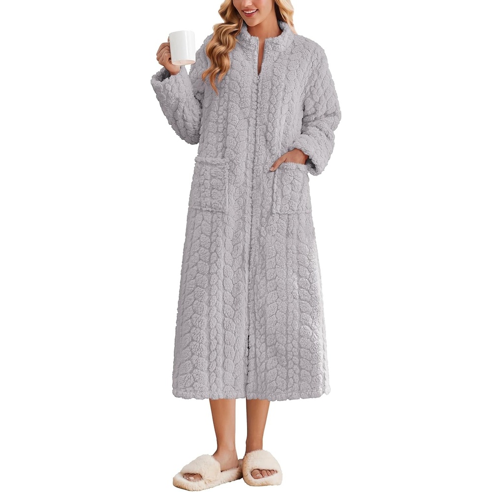 image:imageEkouaer Zipper Robes for Women Long Fleece Warm Housecoat with PocketsLight Gray