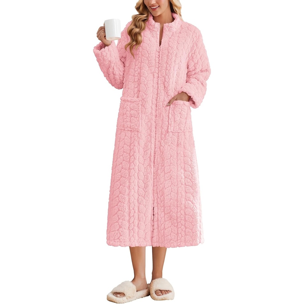 image:imageEkouaer Zipper Robes for Women Long Fleece Warm Housecoat with PocketsLight Pink