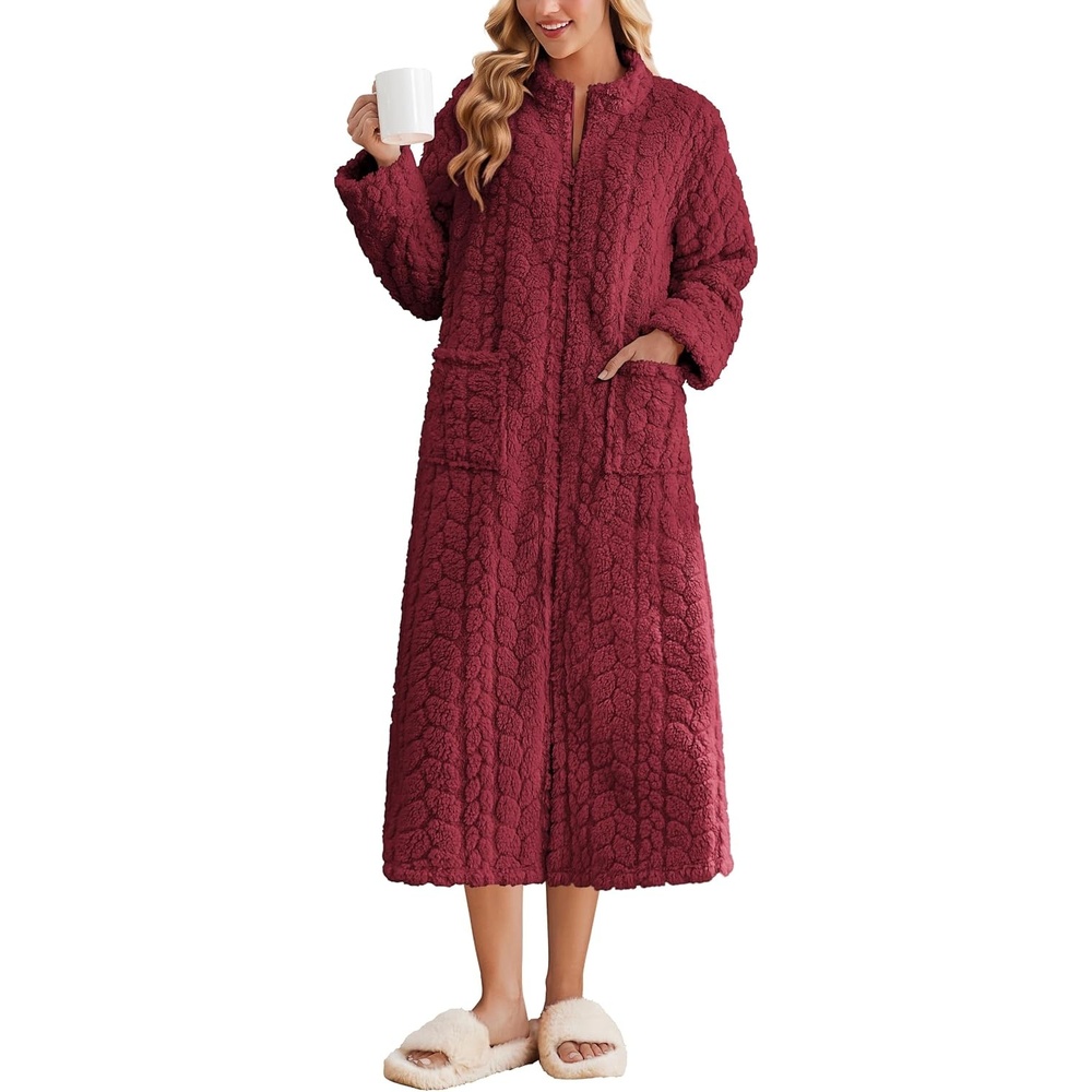 image:imageEkouaer Zipper Robes for Women Long Fleece Warm Housecoat with PocketsWine Red