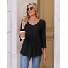 Ekouaer 3/4 Length Sleeve Womens Tops V Neck Blouses Pleated Casual Shirts(Black)