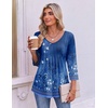 Ekouaer 3/4 Length Sleeve Womens Tops V Neck Blouses Pleated Casual Shirts(Blue Floral)