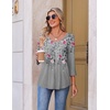Ekouaer 3/4 Length Sleeve Womens Tops V Neck Blouses Pleated Casual Shirts(Grey Floral)