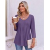 Ekouaer 3/4 Length Sleeve Womens Tops V Neck Blouses Pleated Casual Shirts(Purple)