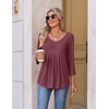 Ekouaer 3/4 Length Sleeve Womens Tops V Neck Blouses Pleated Casual Shirts(Wine Red)