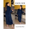 Ekouaer Women Zip Up Robe Fleece Long Sleeves Soft Housecoat with Pockets(Navy)