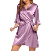 Ekouaer Women’s Satin Robe Kimono Bathrobe Short Ruffle Sleeve Silk Robes(Purple Red)