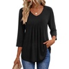 Ekouaer 3/4 Length Sleeve Womens Tops V Neck Blouses Pleated Casual Shirts(Black)