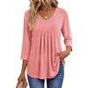Ekouaer 3/4 Length Sleeve Womens Tops V Neck Blouses Pleated Casual Shirts(Pink)