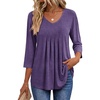 Ekouaer 3/4 Length Sleeve Womens Tops V Neck Blouses Pleated Casual Shirts(Purple)