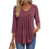 Ekouaer 3/4 Length Sleeve Womens Tops V Neck Blouses Pleated Casual Shirts(Wine Red)