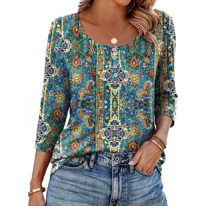 Ekouaer 3/4 Length Sleeve Women Tops Dressy Casual Blouses Fall Shirt 2026(Blue Bohemian)