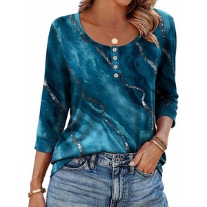 Ekouaer 3/4 Length Sleeve Women Tops Dressy Casual Blouses Fall Shirt 2026(Blue Print)