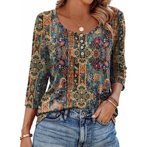 Ekouaer 3/4 Length Sleeve Women Tops Dressy Casual Blouses Fall Shirt 2026(Brown Bohemian-mz721)
