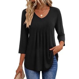 Ekouaer 3/4 Length Sleeve Womens Tops V Neck Blouses Pleated Casual Shirts(Black)