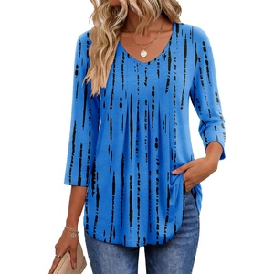 Ekouaer 3/4 Length Sleeve Womens Tops V Neck Blouses Pleated Casual Shirts(Blue Abstract Stripe)