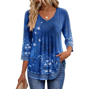 Ekouaer 3/4 Length Sleeve Womens Tops V Neck Blouses Pleated Casual Shirts(Blue Floral)