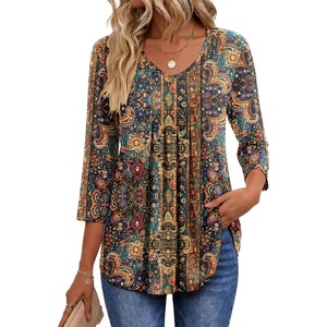 Ekouaer 3/4 Length Sleeve Womens Tops V Neck Blouses Pleated Casual Shirts(Boho Mz721)