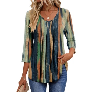 Ekouaer 3/4 Length Sleeve Womens Tops V Neck Blouses Pleated Casual Shirts(Multi Striped)