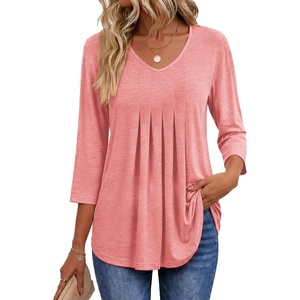 Ekouaer 3/4 Length Sleeve Womens Tops V Neck Blouses Pleated Casual Shirts(Pink)