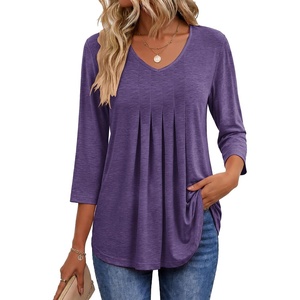 Ekouaer 3/4 Length Sleeve Womens Tops V Neck Blouses Pleated Casual Shirts(Purple)