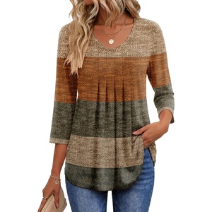 Ekouaer 3/4 Length Sleeve Womens Tops V Neck Blouses Pleated Casual Shirts(Stripe Brown)