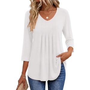 Ekouaer 3/4 Length Sleeve Womens Tops V Neck Blouses Pleated Casual Shirts(White)