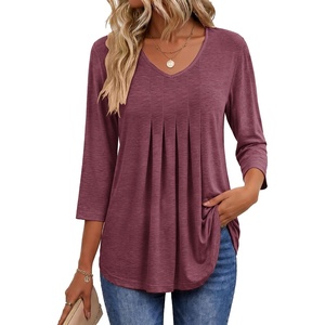 Ekouaer 3/4 Length Sleeve Womens Tops V Neck Blouses Pleated Casual Shirts(Wine Red)
