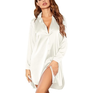 Ekouaer Satin Nightgown for Women Button Down Silk Sleepshirts Sexy V Neck Night Gown Long Sleeve Night Shirts S-3XL(Beige)