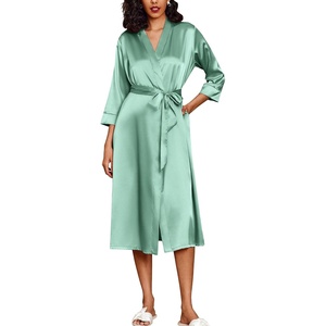 Ekouaer Silk Robes for Women Long Satin Bride Bridesmaid Robe with Pockets(Gray Green)