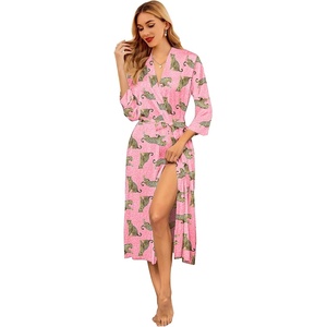 Ekouaer Silk Robes for Women Long Satin Bride Bridesmaid Robe with Pockets(Pink Leopard)