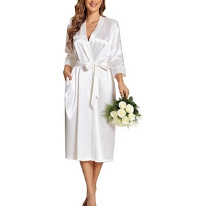 Ekouaer Silk Robes for Women Long Satin Bride Bridesmaid Robe with Pockets(White)