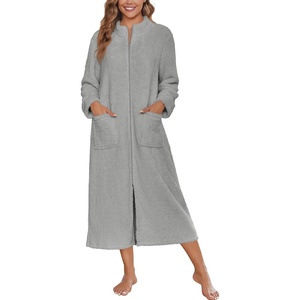Ekouaer Women Zip Up Robe Fleece Long Sleeves Soft Housecoat with Pockets(Light Gray)