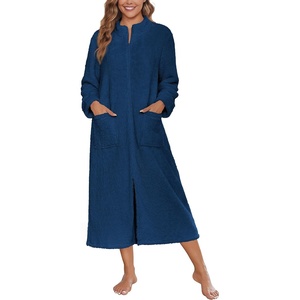 Ekouaer Women Zip Up Robe Fleece Long Sleeves Soft Housecoat with Pockets(Navy)