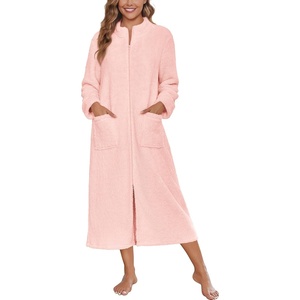 Ekouaer Women Zip Up Robe Fleece Long Sleeves Soft Housecoat with Pockets(Pink)