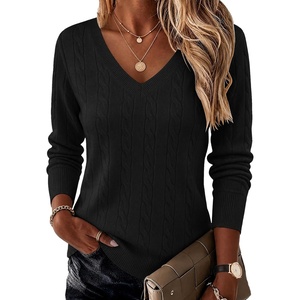 Ekouaer Womens Cable Knit V Neck Sweater Long Sleeve Fall Tops Clothes 2026(Black)