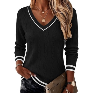 Ekouaer Womens Cable Knit V Neck Sweater Long Sleeve Fall Tops Clothes 2026(Black/White)