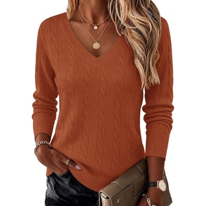 Ekouaer Womens Cable Knit V Neck Sweater Long Sleeve Fall Tops Clothes 2026(Caramel Color)