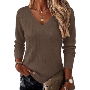 Ekouaer Womens Cable Knit V Neck Sweater Long Sleeve Fall Tops Clothes 2026(Khaki Tan)