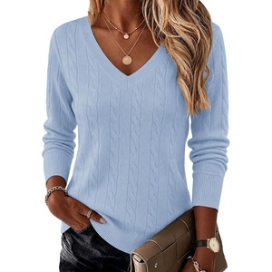Ekouaer Womens Cable Knit V Neck Sweater Long Sleeve Fall Tops Clothes 2026(Light Blue)
