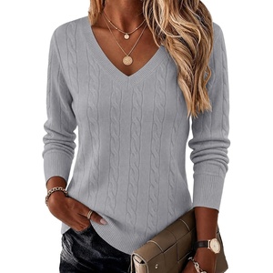 Ekouaer Womens Cable Knit V Neck Sweater Long Sleeve Fall Tops Clothes 2026(Light Grey)