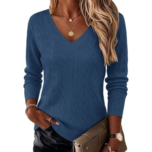 Ekouaer Womens Cable Knit V Neck Sweater Long Sleeve Fall Tops Clothes 2026(Navy Blue)