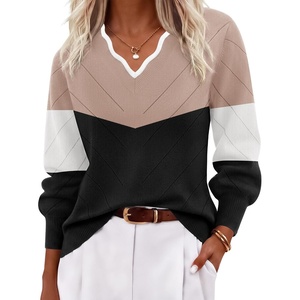 Ekouaer Women’s Fall V Neck Sweaters Knit Lightweight Long Sleeve Tops 2026(Black & Khaki)
