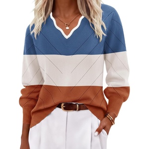 Ekouaer Women’s Fall V Neck Sweaters Knit Lightweight Long Sleeve Tops 2026(Blue & Terracotta)