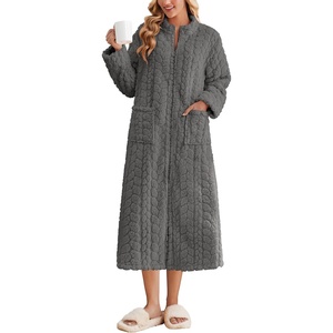 Ekouaer Zipper Robes for Women Long Fleece Warm Housecoat with Pockets(Deep Grey)