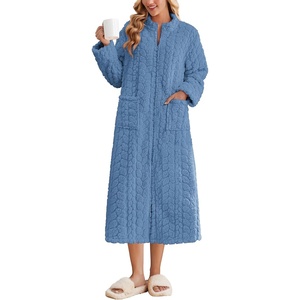 Ekouaer Zipper Robes for Women Long Fleece Warm Housecoat with Pockets(Dusty Blue)