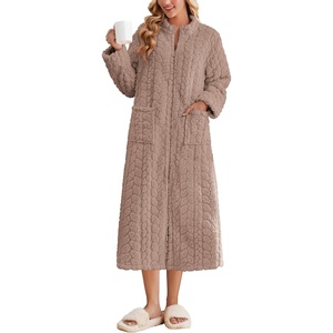Ekouaer Zipper Robes for Women Long Fleece Warm Housecoat with Pockets(Khaki)